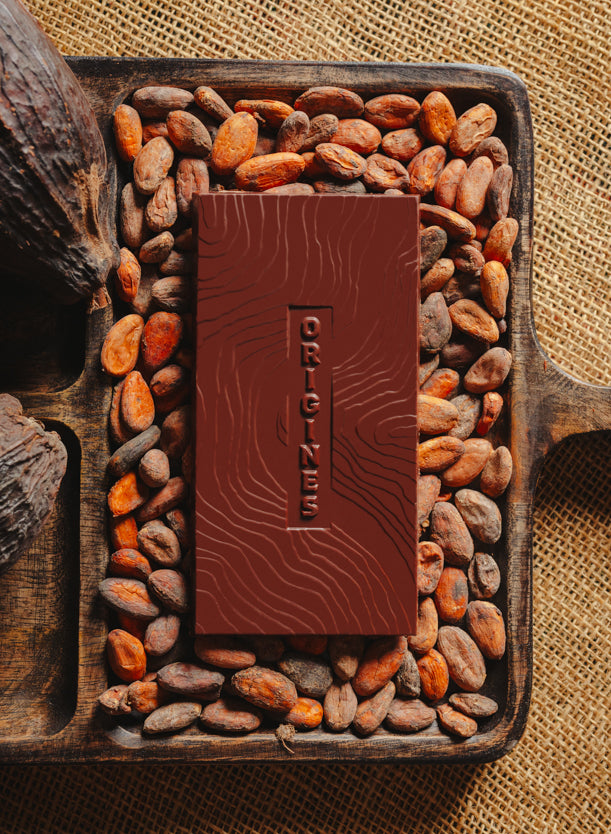 Tablette de chocolat noir Origines Chocolate Makers 100 % de cacao provenant du Liberia, entourée de fèves de cacao et de cabosses sur un fond en toile de jute.