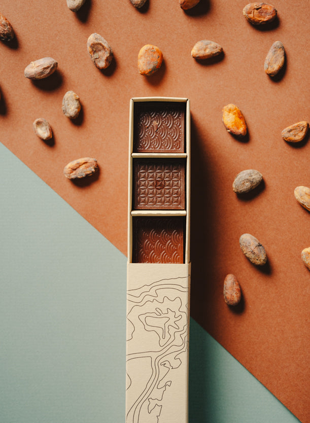 Une boîte rectangulaire de chocolats fins avec un emballage en kraft. La boite est ouverte, révélant trois carrés de chocolat noir, posée sur un fond géométrique dans les tons orange et vert entourée des fèves de cacao. 