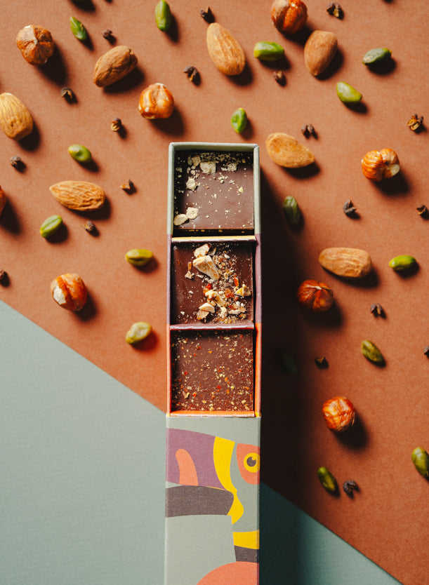 Une boîte rectangulaire de chocolats fins avec un toucan sur l'emballage est ouverte, révélant trois carrés de chocolat aux inclusions variées, posée sur un fond géométrique dans les tons orange et vert entourée de pistaches, de noisettes et d'amandes.