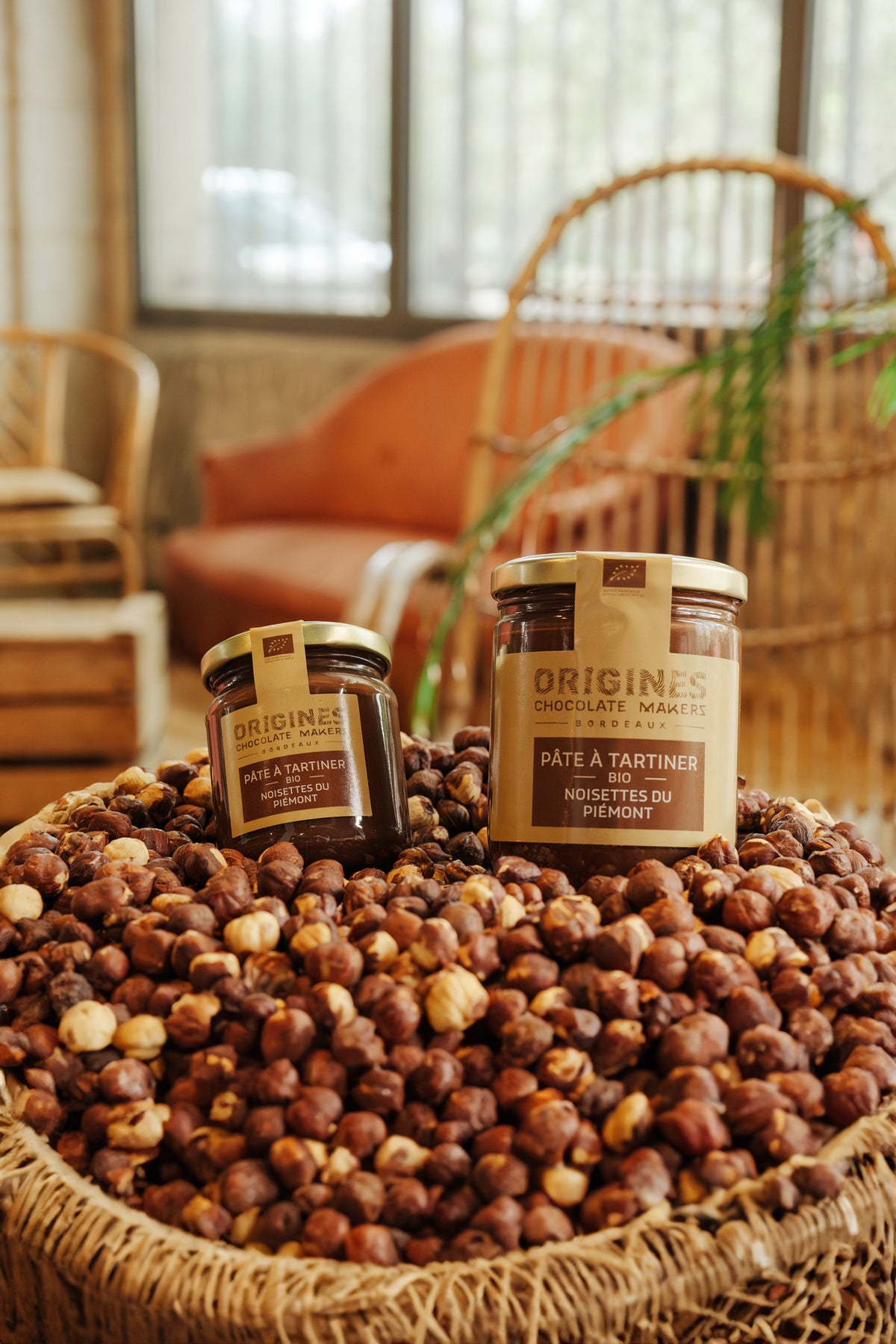 Pots de pâte à tartiner bio noisettes romaines et chocolat d'Origines Chocolate Makers dans un panier contenant des noisettes dans un cadre chaleureux.